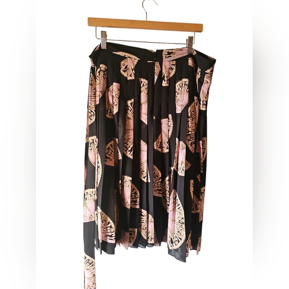 Ann Taylor Black Pink Fan Floral Pleated Side Tie Midi Skirt Sz 14 WSK147 - Picture 7 of 9